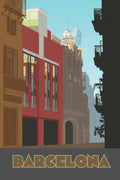 Illustration of a Barcelona city street with buildings and 'Barcelona' text on a poster.