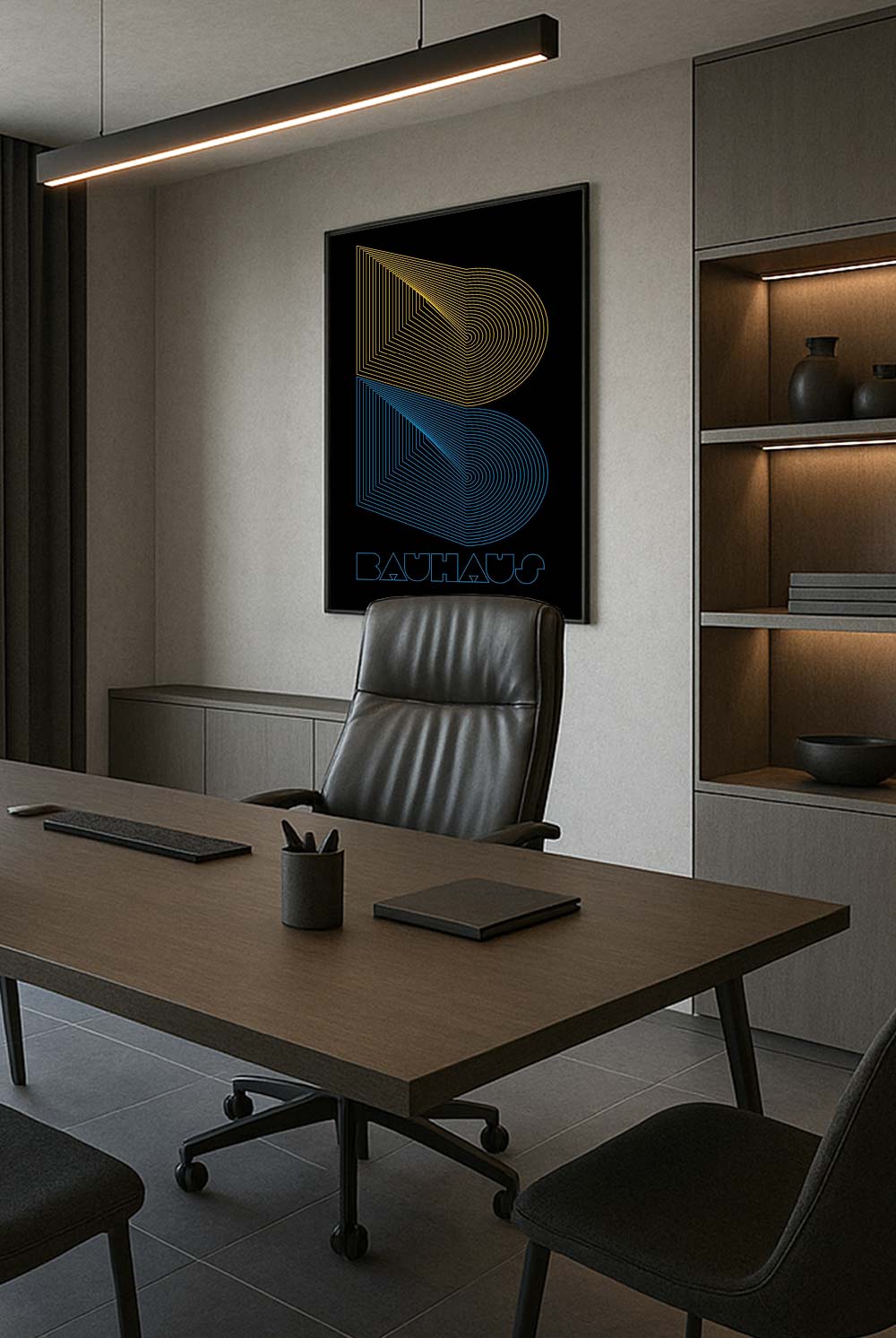 Bauhaus concentric shapes poster on wall in dark office