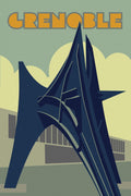 Vintage-style poster of a large blue sculpture with 'Grenoble' text on a green background