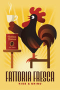 Rooster holding a coffee cup with 'Fattoria Fresca' branding on a yellow background