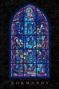 Stained glass window with religious scene, featuring vibrant colors on a dark background.
