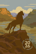 Silhouette of a horse on a rocky outcrop with a scenic landscape and 'Year of the Horse 2026' text.