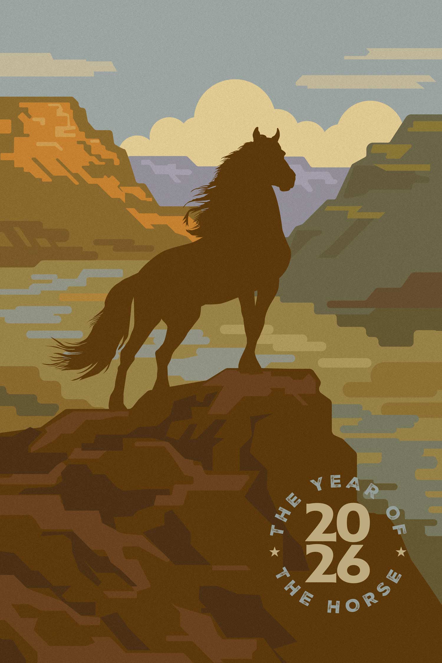Silhouette of a horse on a rocky outcrop with a scenic landscape and 'Year of the Horse 2026' text.