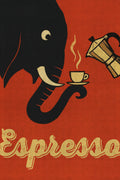 Illustration of an elephant holding a coffee cup with an espresso machine on a red background