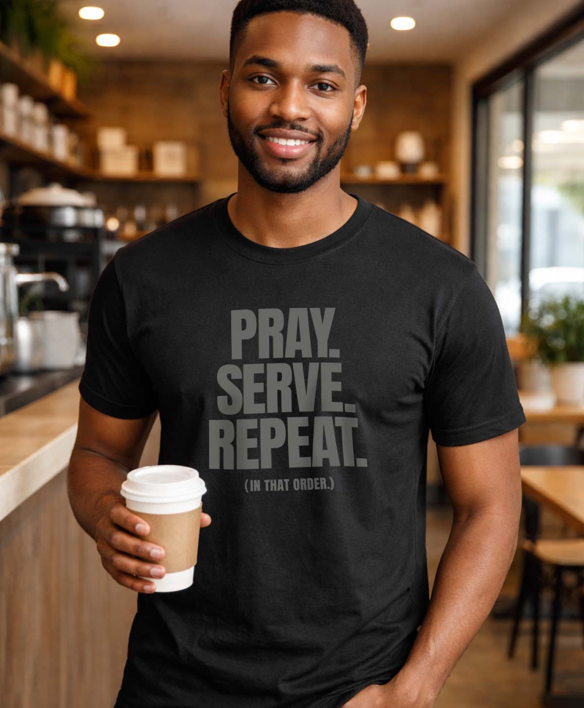 Pray. Serve. Repeat. Gray on Black.