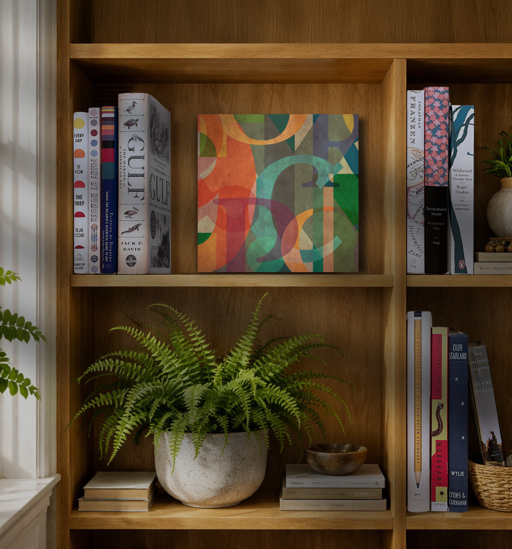 type montage art on bookshelf