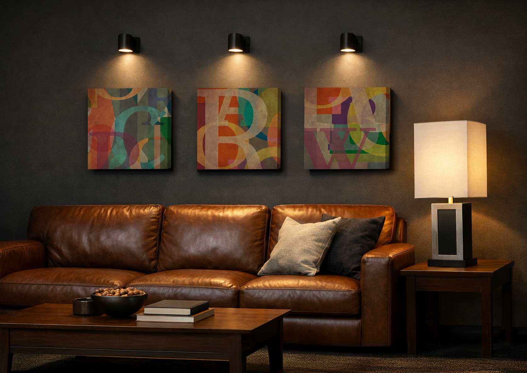 Abstract Letterform montage artwork on canvas. Three pieces hanging on wall with leather sofa